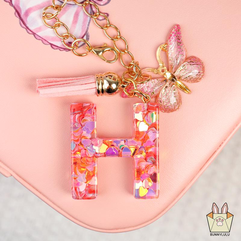 Personalized Initial Letter Resin Keychains with Tassles, Glittering Holiday Birthday Christmas Friendship Gift, Bags Fashion Accessories