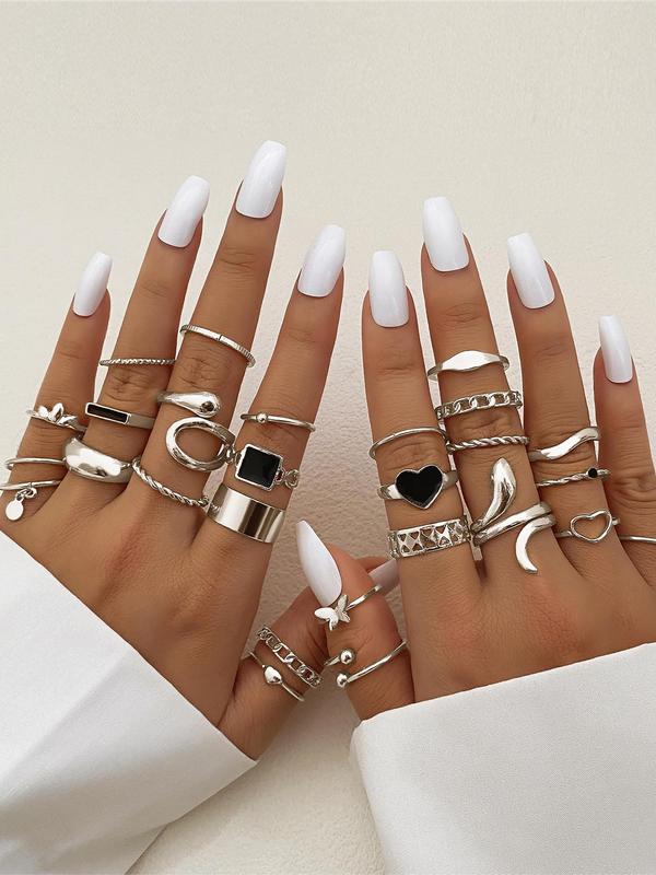 Simple Style Ring, 27pcs, Included Butterfly & Heart & Hollow Out & Chain & Braided Design, Casual Ring for Women & Girls, Perfect for Gift