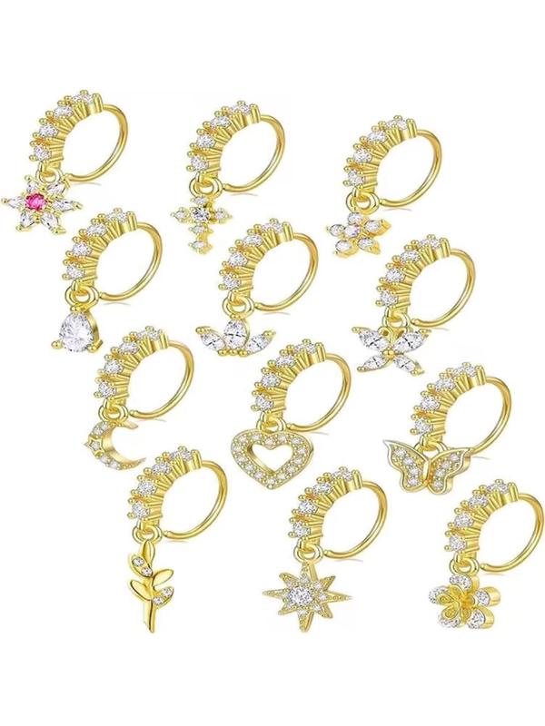 Women's Elegant Rhinestone Decorated Nose Ring Set, Exquisite Trendy Flower & Flower & Leaf & Heat & Moon & Cross & Hollow Out Heart Design Sexy Nose Ring Set Nose Piercings