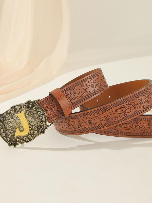 Vintage Letter Design Western Belt, Fashionable Floral Embossed Pu Leather Belt for Men & Women, Casual Retro Accessories for Jeans Trousers for Daily Life