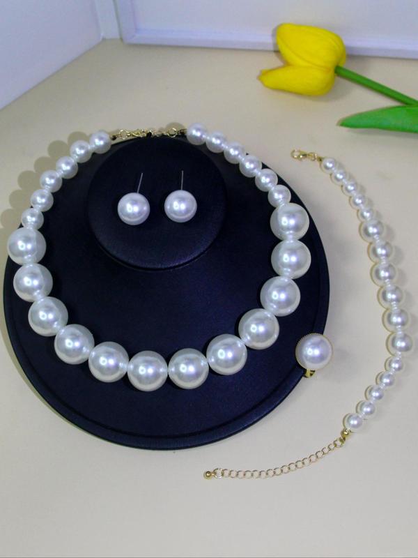 Elegant Faux Pearl Decorated Jewelry Set, Including Exquisite Bracelet & Necklace & Ring & Earrings, Women's French Style Jewelry Set, Fashionable Jewelry Set As Gift