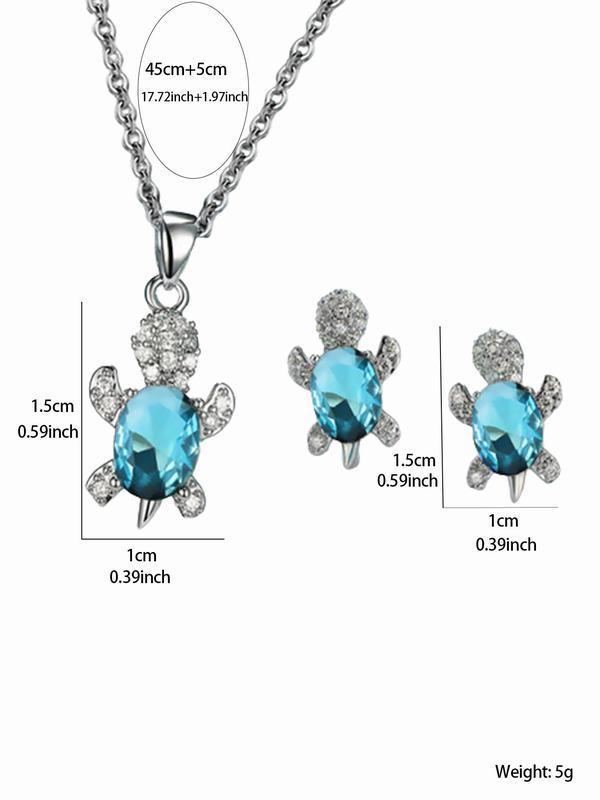 3pcs set Rhinestone Decorated Turtle Design Pendant Necklace & Stud Earrings Set, Elegant Women's Jewelry Set for Party, Daily Clothing Decor