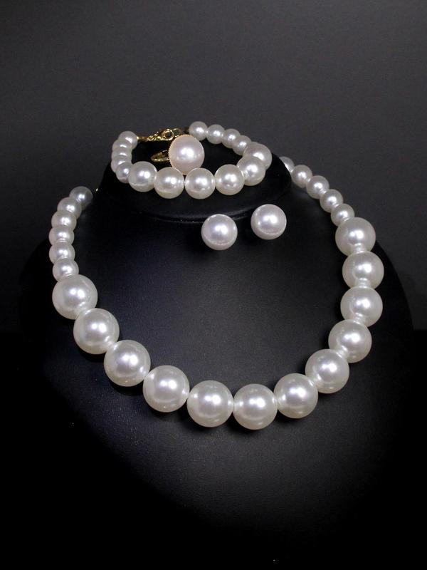 Elegant Faux Pearl Decorated Jewelry Set, Including Exquisite Bracelet & Necklace & Ring & Earrings, Women's French Style Jewelry Set, Fashionable Jewelry Set As Gift