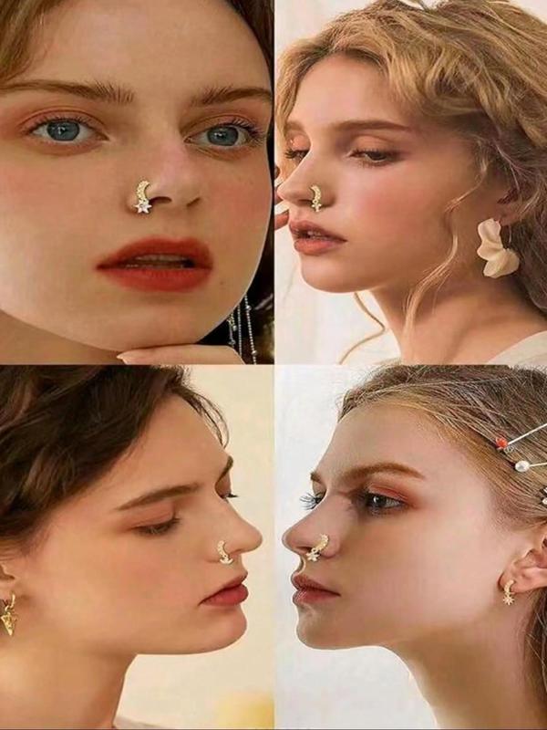 Women's Elegant Rhinestone Decorated Nose Ring Set, Exquisite Trendy Flower & Flower & Leaf & Heat & Moon & Cross & Hollow Out Heart Design Sexy Nose Ring Set Nose Piercings