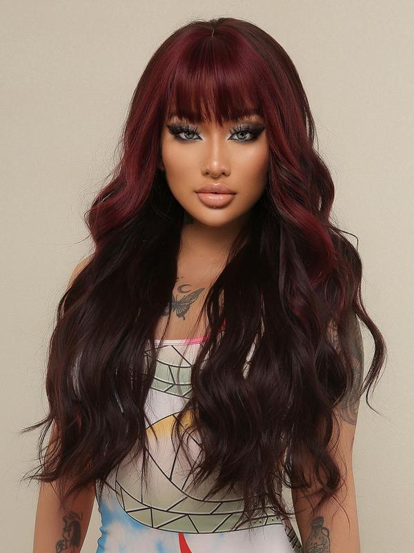 Women's 30inch Long Wavy Synthetic Wigs Hairstyle for Daily, Party, Summer 2024 Striking Fluffy Hair Wigs with Blunt Bangs for Daily Party Hairstyles Ideas