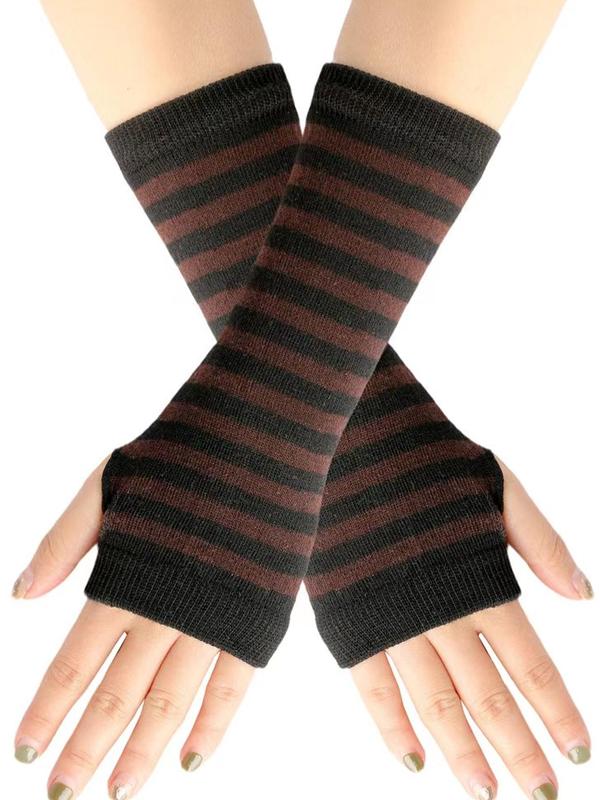 Women's Colorblock Striped Print Open Finger Gloves, Casual Preppy Style Warm Cosplay Gloves for Fall & Winter, Fashion Accessories for Women & Girls