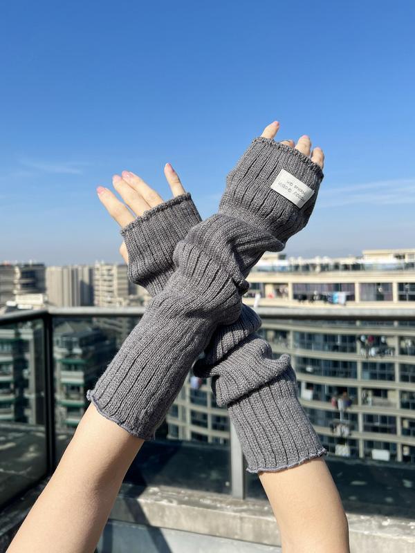 1 Pair Women's Solid Color Knit Half-finger Gloves, Fashionable Breathable Warm Gloves for Outdoor Activities, Long Gloves with Thumb Hole for Women Girl Gift