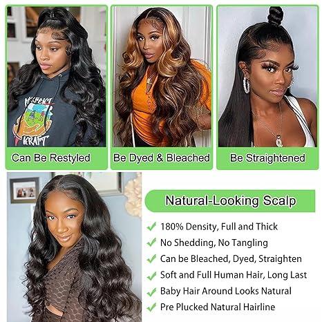 [BlackFriday]  Human Hair Body Wave Lace Front Wigs Pre Plucked 180% Density 13x4 HD Lace Front Wigs for Women Wigs Black Unprocessed Brazilian Virgin Human Hair with Baby Hair Bleached Knots