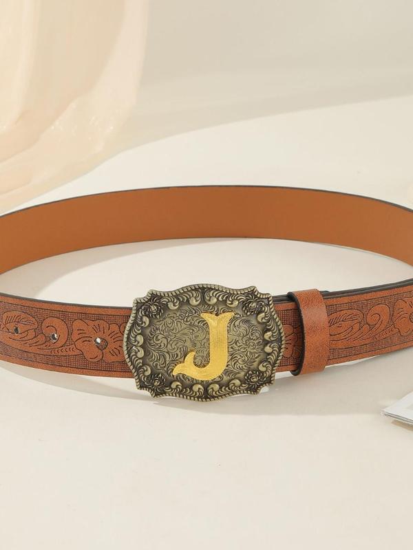 Vintage Letter Design Western Belt, Fashionable Floral Embossed Pu Leather Belt for Men & Women, Casual Retro Accessories for Jeans Trousers for Daily Life