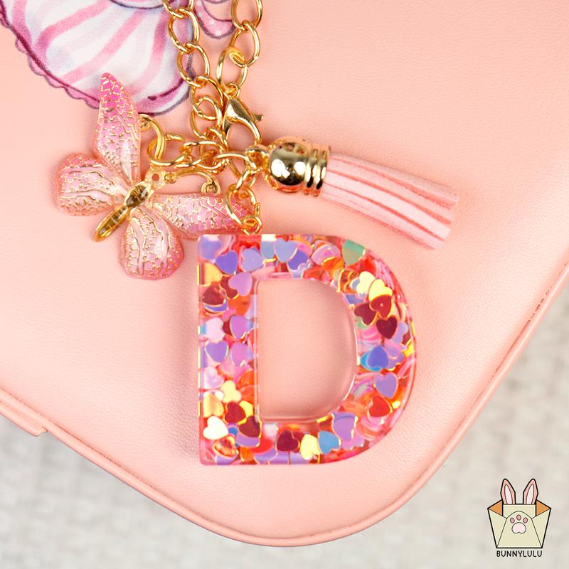 Personalized Initial Letter Resin Keychains with Tassles, Glittering Holiday Birthday Christmas Friendship Gift, Bags Fashion Accessories