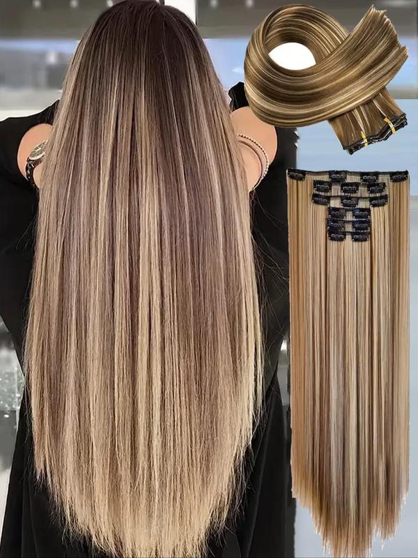 Women's 24inch Long Straight Clip-in Hair Extensions for Daily & Costume Party, Natural Fluffy Hair Extensions for Daily & Party Decoration