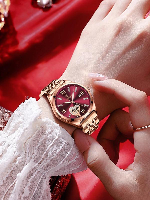 Women's Elegant Rhinestone Decorated Heart Design Quartz Watch, Fashionable Waterproof Luminous Analog Watch for Women & Girls, Trendy All-match Watch for Birthday Gift without Box