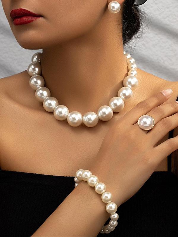 Elegant Faux Pearl Decorated Jewelry Set, Including Exquisite Bracelet & Necklace & Ring & Earrings, Women's French Style Jewelry Set, Fashionable Jewelry Set As Gift