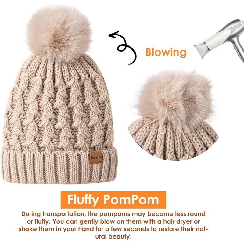 Women Winter Beanie Hat Scarf Gloves Set Pom Hat with Warm Fleece Lined Long Knit Scarf Touchscreen Gloves for Cold Weather