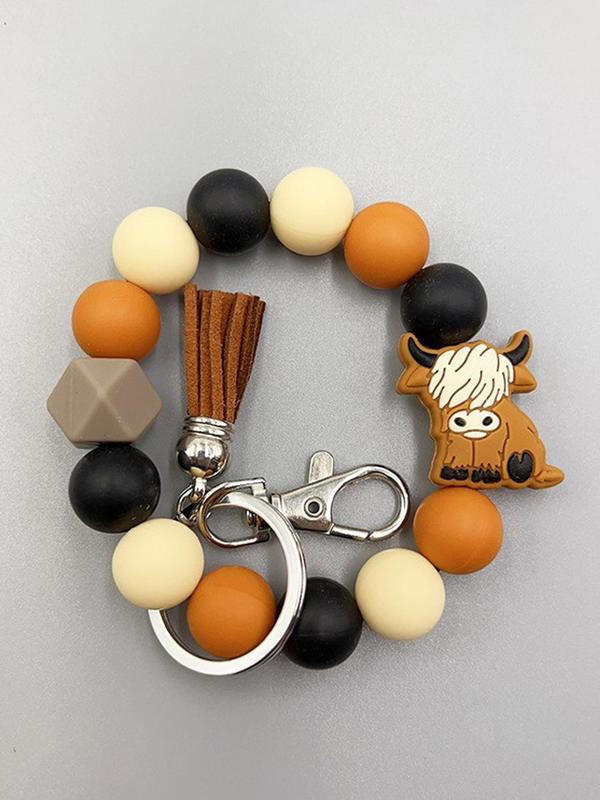 Unisex Cute Ox & Tassel Design Keychain,  Trendy Beaded Bracelet Design Keychain, Chic Vintage Fashion Accessories for Women & Men