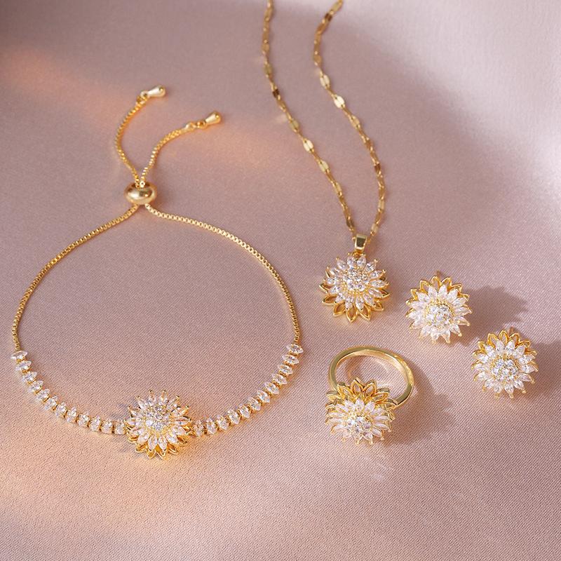 Jewelry Set, Necklace + Ring + Bracelet + Earrings, Necklace for Women, SUNFLOWER New, Sunflower Ring, Rotatable Clavicle Chain Jewelry