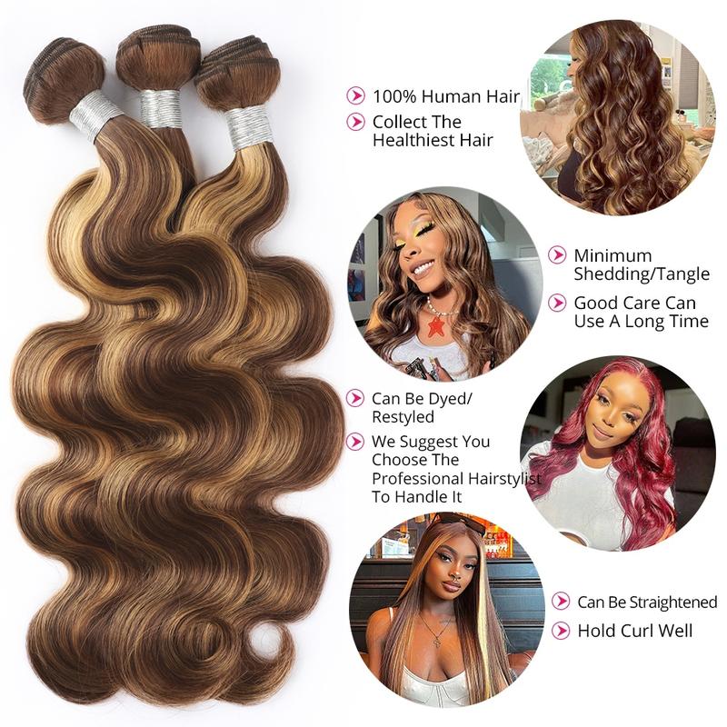 Honey Blonde Highlight Hair Bundles Brazilian Body Wave Human Hair Weave 3 Bundles P4 27