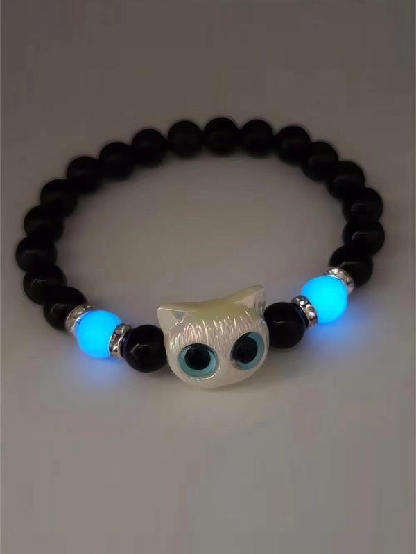 Cute Cat Charm Decor Glow in The Dark Design Beaded Bracelets, Trendy All-match & Exquisite Jewelry for Women & Men As Gift for Party, Daily Clothing Decor