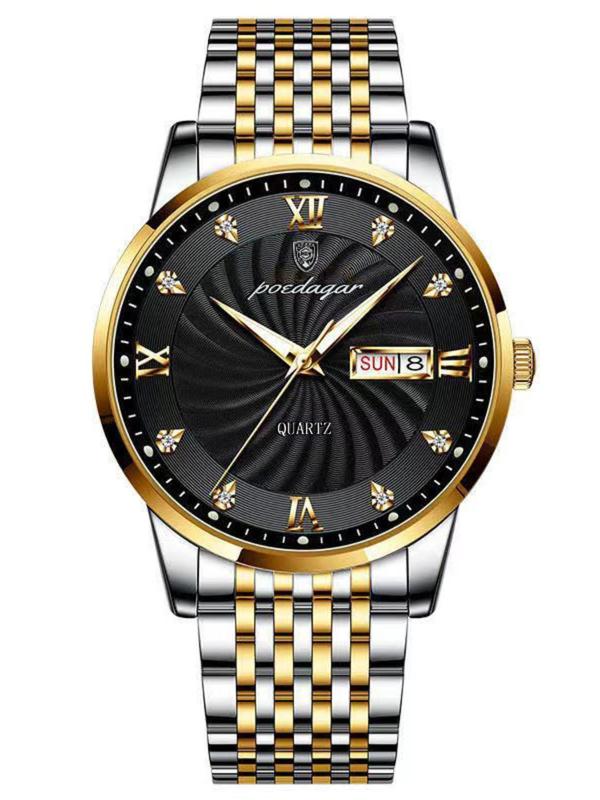 Men's Business Fashion Round Dial Stainless Steel Strap Quartz Watch, Classic Black Dial Calendar Function Watch for Party, Daily Decor, Exquisite Watch for Birthday Gift without Box