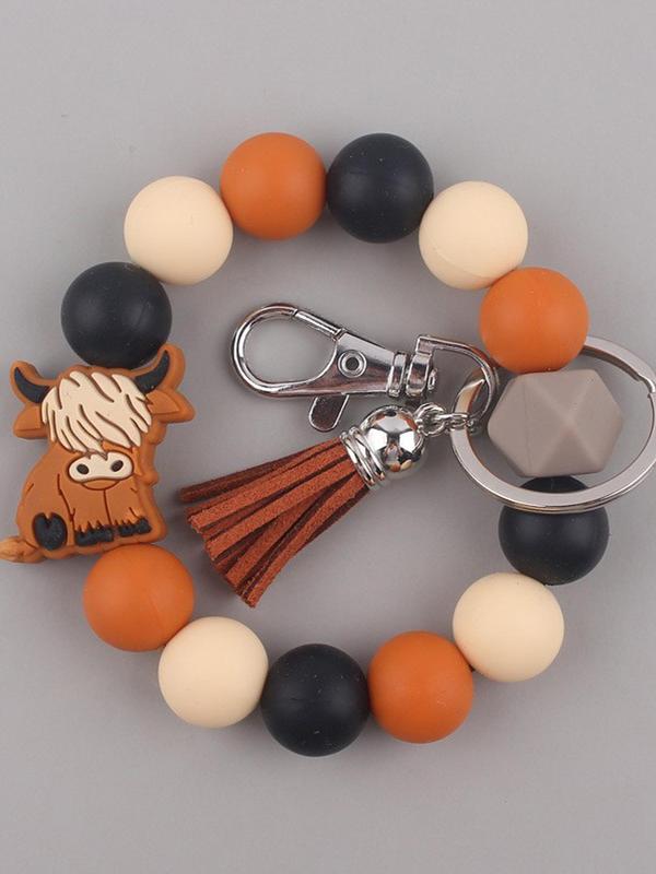 Unisex Cute Ox & Tassel Design Keychain,  Trendy Beaded Bracelet Design Keychain, Chic Vintage Fashion Accessories for Women & Men