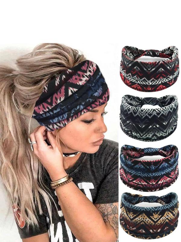 Sporty Women's 4pcs Ethnic Pattern Hair Band, Sport Casual Breathable Wide Elastic Hair Band, Sweat Absorption Hair Band for Women & Girls, Sport Hair Band for Gym Workout Running