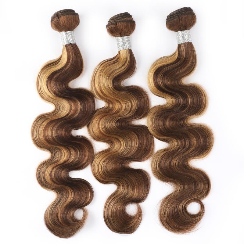 Honey Blonde Highlight Hair Bundles Brazilian Body Wave Human Hair Weave 3 Bundles P4 27