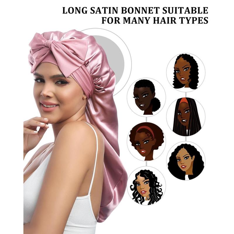 Long Double Layer Satin Bonnet Silk Like Texture for Sleeping Sleep Cap Adjustable Care Hair Bonnets with Elastic Tie Band for Women Braids Curly Hair Natural Hair Wrap Nightcap Gifts for Women