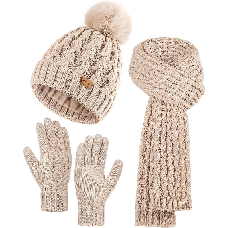 Women Winter Beanie Hat Scarf Gloves Set Pom Hat with Warm Fleece Lined Long Knit Scarf Touchscreen Gloves for Cold Weather