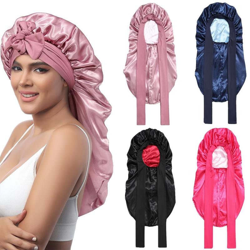 Long Double Layer Satin Bonnet Silk Like Texture for Sleeping Sleep Cap Adjustable Care Hair Bonnets with Elastic Tie Band for Women Braids Curly Hair Natural Hair Wrap Nightcap Gifts for Women