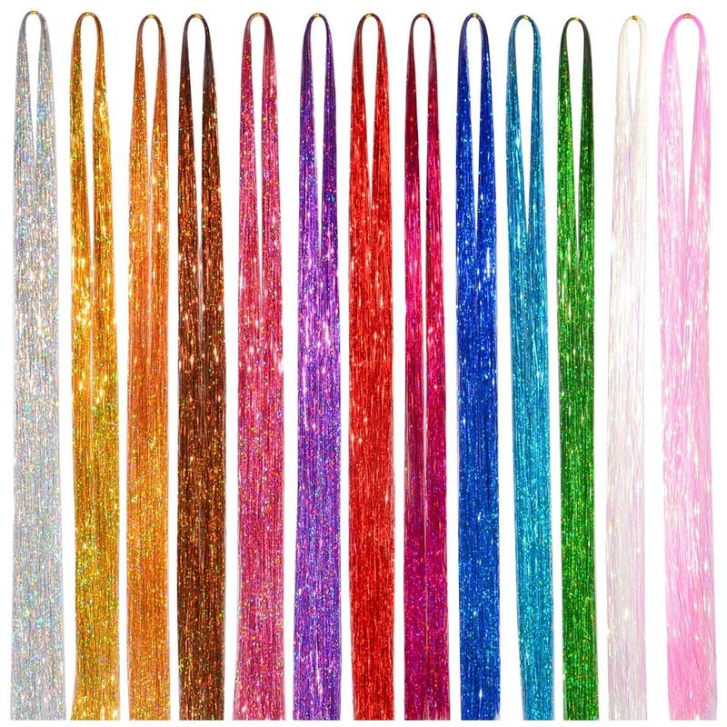 Full Shine 12-Color Tinsel Hair Extensions with Tools 2400 Strands Fairy Hair Tinsel Kit for Cosplay Party, Summer Fashion Accessories