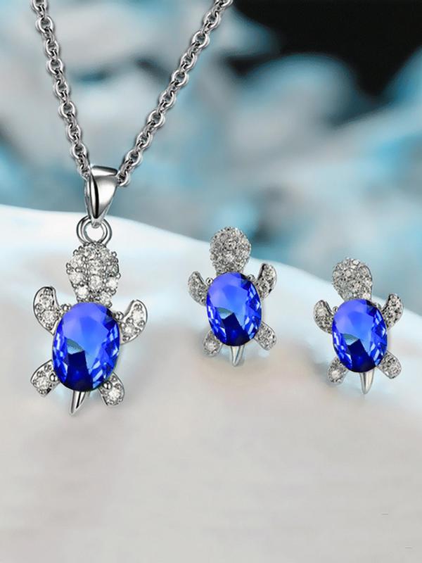 3pcs set Rhinestone Decorated Turtle Design Pendant Necklace & Stud Earrings Set, Elegant Women's Jewelry Set for Party, Daily Clothing Decor