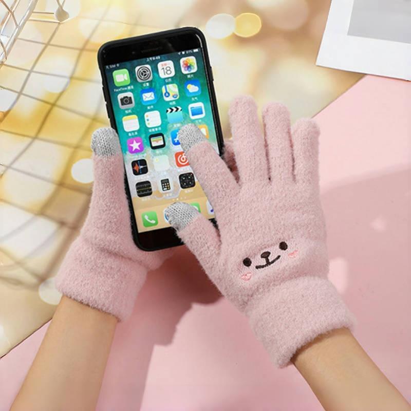 Cute Bear Design Winter Warm Gloves, 1 Pair Soft Comfortable Touch Screen Gloves, Outdoor Sports Gloves for Women & Girls