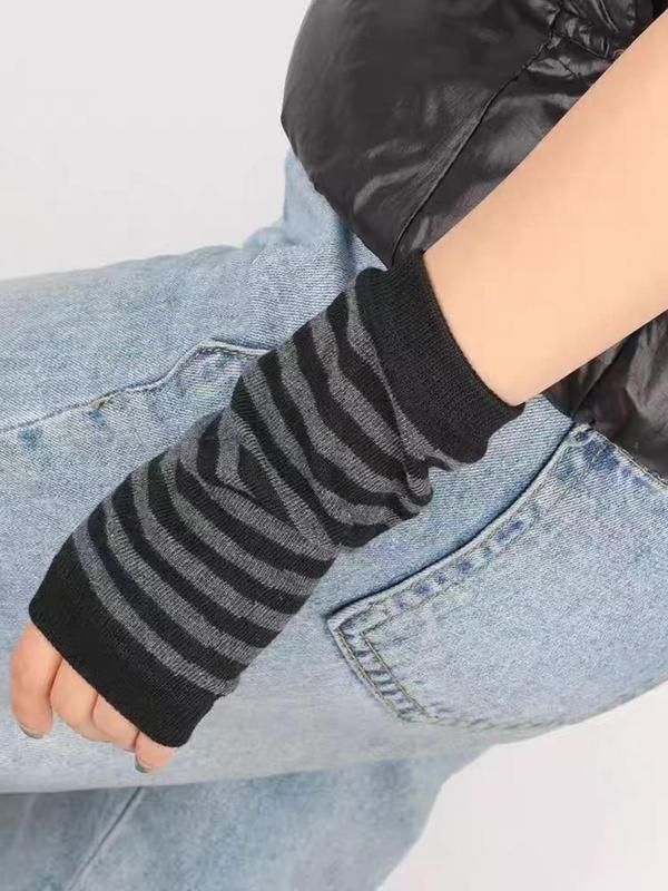 Women's Colorblock Striped Print Open Finger Gloves, Casual Preppy Style Warm Cosplay Gloves for Fall & Winter, Fashion Accessories for Women & Girls