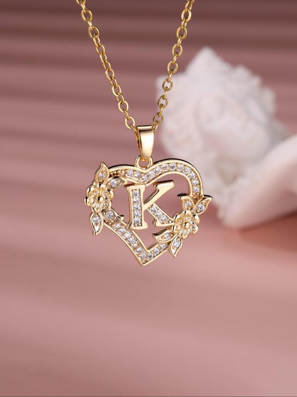 2024 Fall New Fashion Letter Detail Heart Shaped Pendant Necklace Back To School, Love Necklace for Women for Spring, Rhinestone & Flower Decor Stainless Steel Matching Necklace Jewelry, Girl's Temperament Cloths Accessory for Daily Wear