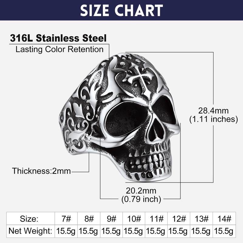 FaithHeart Masculine Skull Ring Stainless Steel Skull Skeleton Band Biker Ring for Men