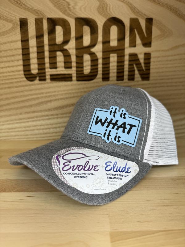 It Is What It Is Custom Leatherette Patch Trucker Style and Evolve Ponytail Hats trucker hat unique gift unisex hat