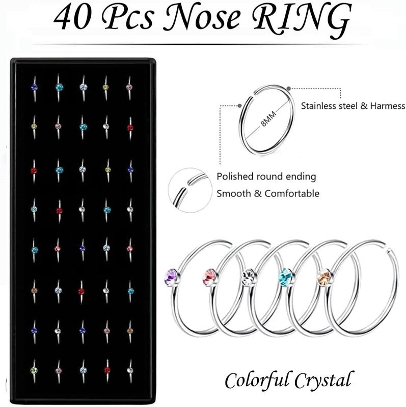 3 Boxes 120 Pcs Nose Rings Studs 40 Pcs Nose Rings Hoops, Stainless Steel Nose Piercings Body Jewelry, Ideal Gift with Cute Package