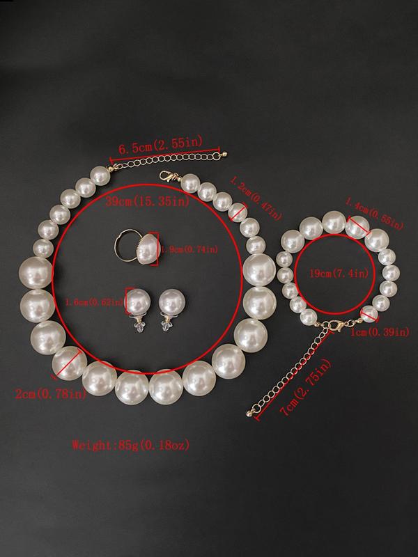 Elegant Faux Pearl Decorated Jewelry Set, Including Exquisite Bracelet & Necklace & Ring & Earrings, Women's French Style Jewelry Set, Fashionable Jewelry Set As Gift