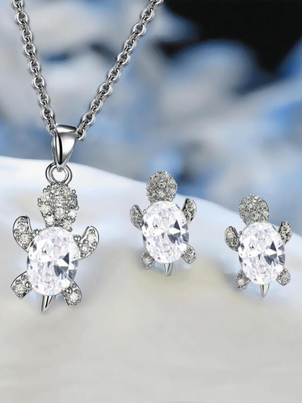 3pcs set Rhinestone Decorated Turtle Design Pendant Necklace & Stud Earrings Set, Elegant Women's Jewelry Set for Party, Daily Clothing Decor