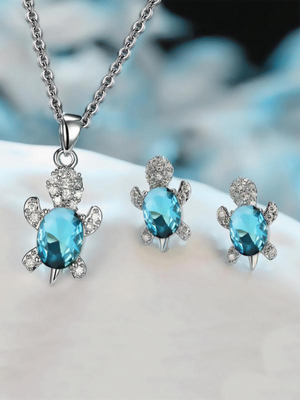 3pcs set Rhinestone Decorated Turtle Design Pendant Necklace & Stud Earrings Set, Elegant Women's Jewelry Set for Party, Daily Clothing Decor