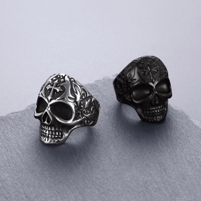 FaithHeart Masculine Skull Ring Stainless Steel Skull Skeleton Band Biker Ring for Men