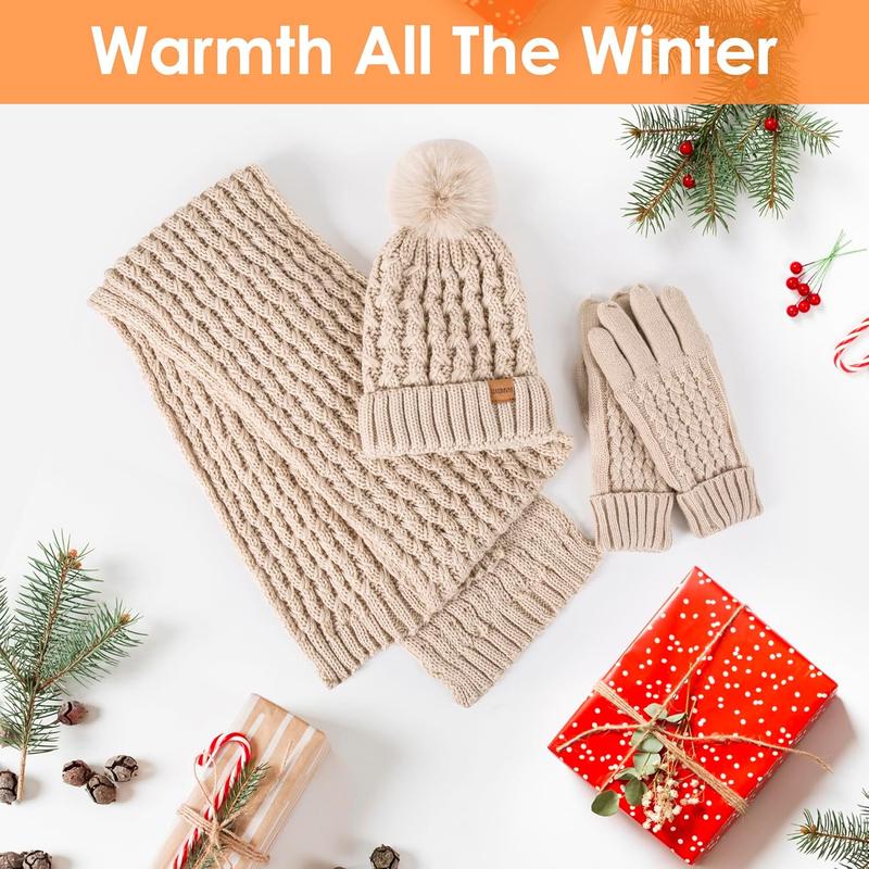 Women Winter Beanie Hat Scarf Gloves Set Pom Hat with Warm Fleece Lined Long Knit Scarf Touchscreen Gloves for Cold Weather