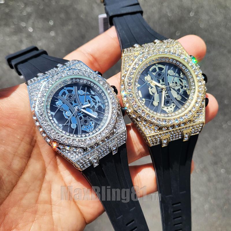 Men Iced Bling Rapper Masonic Dial Simulated Diamond Black Silicone Band Luxury Fashion Hip Hop Watch Wristwatch