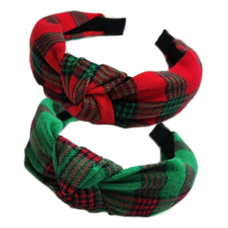 2 count Christmas Wide Knotted Plaid Headbands Fashion Vintage Turban Hair Band Retro Criss Cross Christmas St. Patrick's Day Headband for Women Girl Xmas Hair Accessories - Red + Green 2