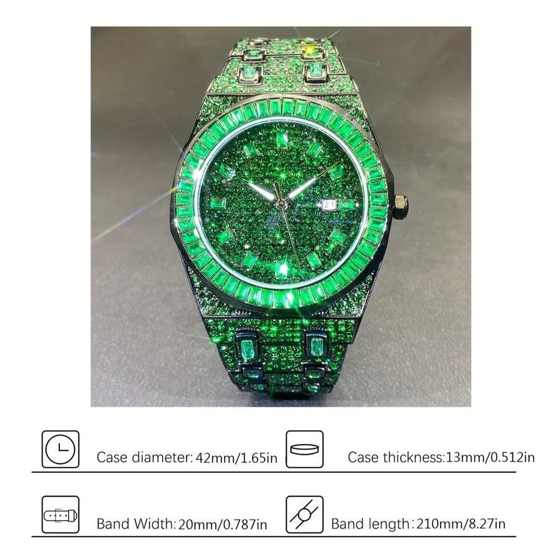 Christmas Gift Luxury Iced Out Green Watch for Men - Square Rhinestone Hip Hop Jewelry Wristwatch with Quartz Movement, Water Resistant, Date Display, and Stylish Design - 2024 New Arrival Fashion Reloj for Mans