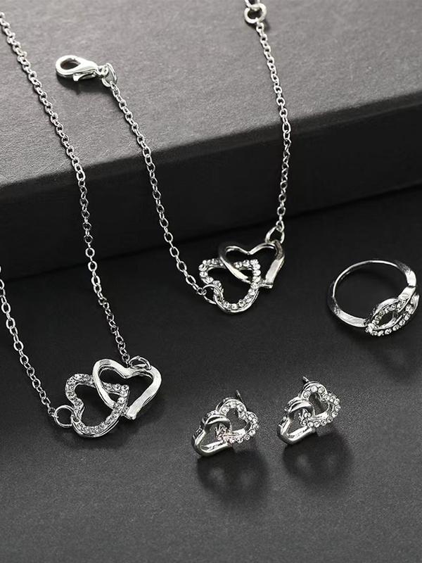 Rhinestone Decor Hollow Out Heart Design Jewelry Set, Elegant Necklace & Bracelet & Earrings & Ring Set, Fashion Exquisite Jewelry Set for Women's Gift