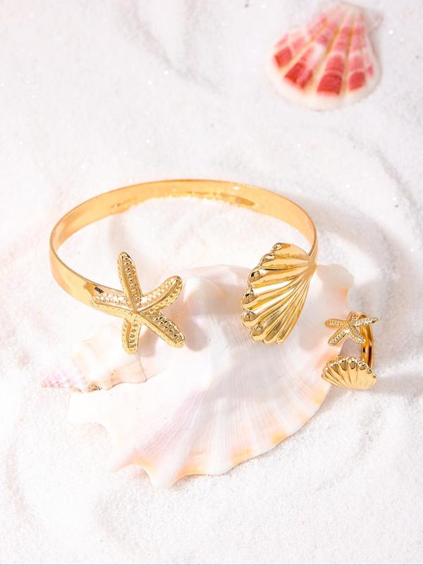 Women's Elegant Shell & Starfish Design Cuff Bangle Bracelet & Ring, Exquisite Trendy Jewelry Set, Fashionable Vintage Jewelry Set for Women & Girls