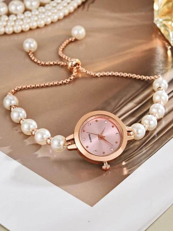 Faux Pearl Decorated Quartz Watch, Fashionable Round Dial Analog Watch for Women & Girls, Trendy All-match & Exquisite Watch for Birthday Gift