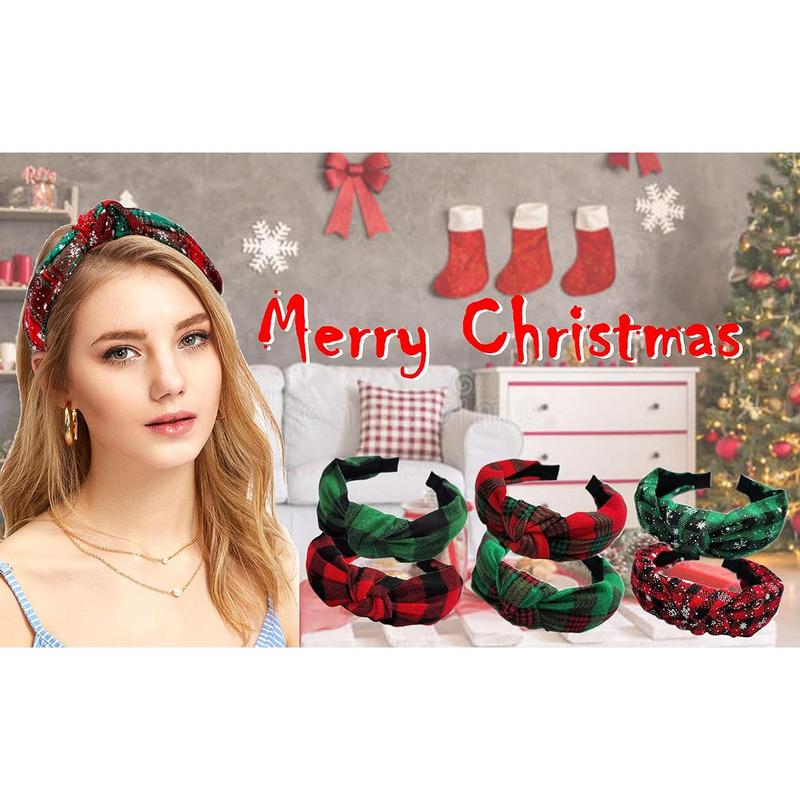 2 count Christmas Wide Knotted Plaid Headbands Fashion Vintage Turban Hair Band Retro Criss Cross Christmas St. Patrick's Day Headband for Women Girl Xmas Hair Accessories - Red + Green 2