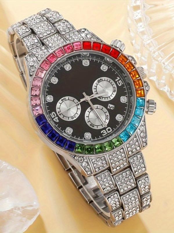 Men's Rhinestone Decorated Watch & Bracelet & Pendant Necklace, Fashion Watch Set for Party, Daily Clothing Decor, Trendy All-match & Exquisite Watch Set for Gift